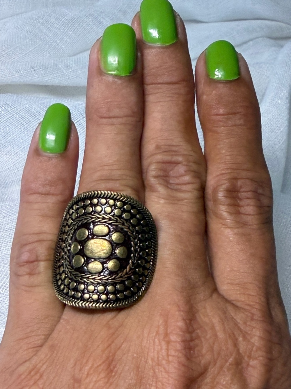 Vintage Brass Shield Statement Ring Boho Dotted Artisan Band